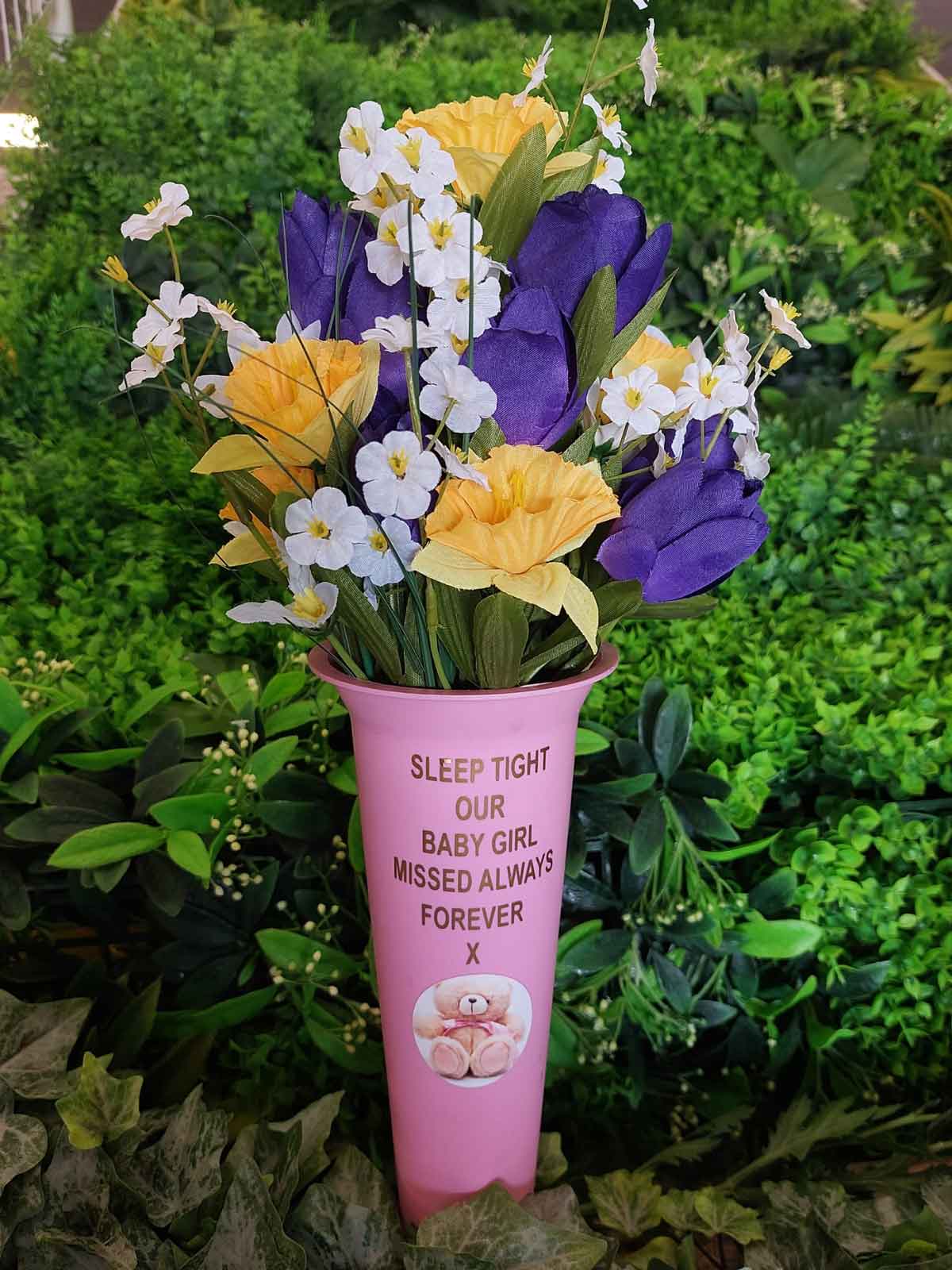 Personalised Baby Pink Plastic Grave Spike MK Grave Vases